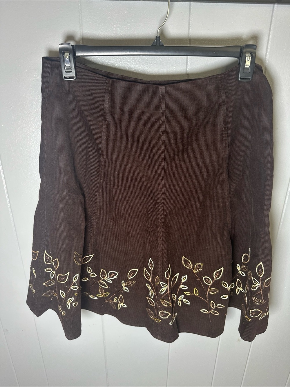 Jones New York Brown Corduroy A-Line Skirt with Gold Leaf Embroidery